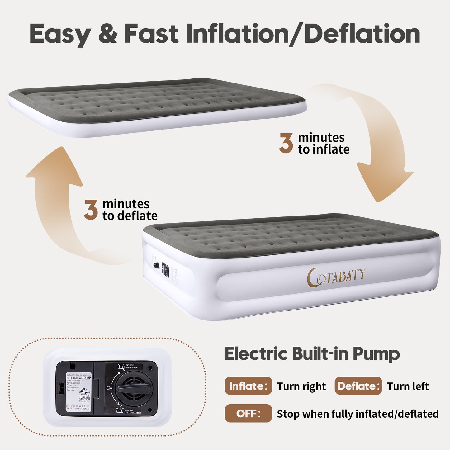 Cotabaty Queen Air Mattress with Built-in Pump, 18 inch Tall Inflatable Mattress Double Airbed, Luxury Self Inflating Air Bed Blow Up Mattress Portable for Home Camping Travel, 650lb Max, Foldable